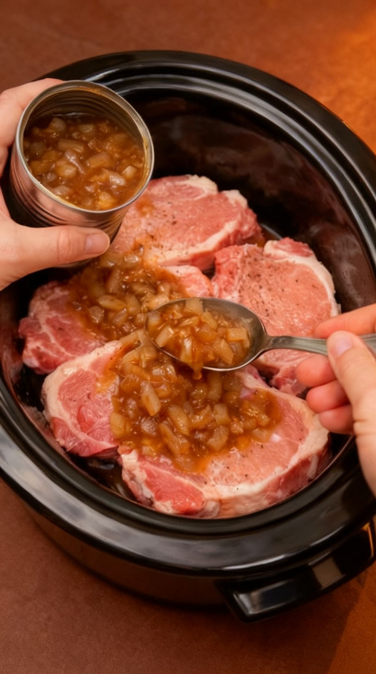 Spoon canned French onion soup and these 4 ingredients over pork chops in a slow cooker fo