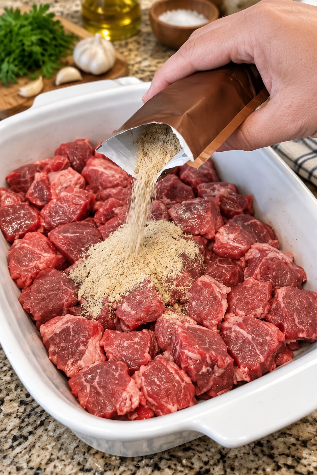 Sprinkle brown gravy mix and just 3 more ingredients over beef cubes right in your baking
