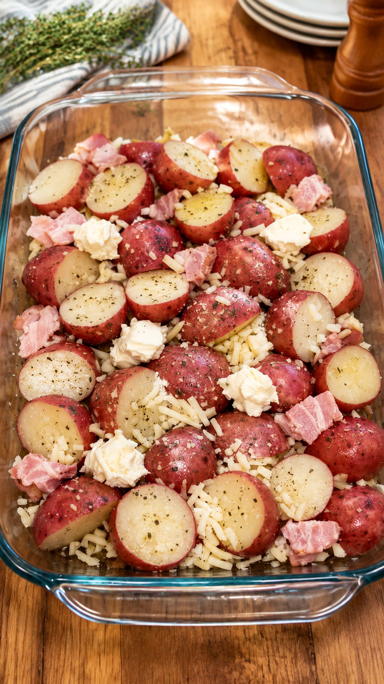 Toss halved raw baby red potatoes into a glass casserole dish with 4 simple pantry staples