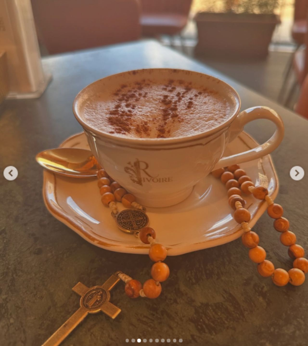 The former model, who was once married to Donald Trump, shared this photo of a cappuccino with a rosary in a carrousel posted on August 4, 2026. | Source: Instagram/marlamaples