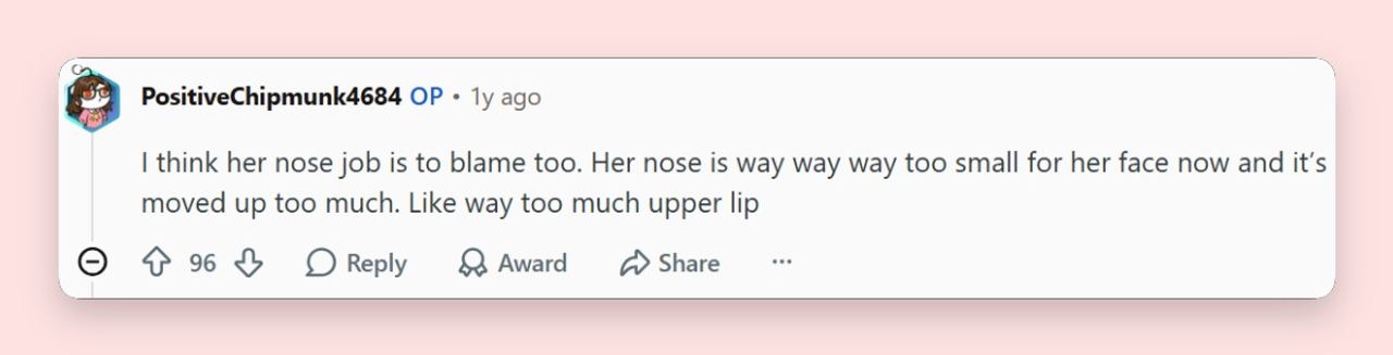 A Redditor questioned whether changes to Miley Cyrus’s facial proportions could explain why her appearance seems so different, sparking further discussion about the singer’s rumored cosmetic procedures. | Source: Reddit/r/VindictaRateCelebs